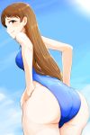  1girl ass blue_swimsuit brown_eyes brown_hair competition_swimsuit day from_behind highres idolmaster idolmaster_cinderella_girls long_hair momo_(higanbana_and_girl) nitta_minami one-piece_swimsuit sky smile solo swimsuit 