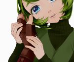  1girl blue_eyes colored_eyelashes face gloves green_hair hair_intakes hand_holding head_tilt looking_at_viewer otton parted_lips pointy_ears pov ribbed_sweater saria short_hair simple_background solo_focus sweater tears the_legend_of_zelda the_legend_of_zelda:_ocarina_of_time turtleneck turtleneck_sweater white_background 