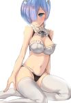  1girl arm_support armadillo-tokage bare_arms black_panties blue_eyes blue_hair bra detached_collar frills full_body groin hair_ornament hair_over_one_eye hair_ribbon looking_at_viewer midriff navel panties re:zero_kara_hajimeru_isekai_seikatsu red_ribbon rem_(re:zero) ribbon short_hair sitting smile thigh-highs thighs underwear underwear_only white_bra white_legwear x_hair_ornament 