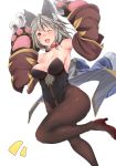  1girl aki_(akikaze_asparagus) animal_ears armpits bare_shoulders black_legwear blush breasts cat_day cleavage collar erun_(granblue_fantasy) granblue_fantasy grey_hair high_heels highres leotard looking_at_viewer medium_breasts one_eye_closed pantyhose red_eyes red_shoes sen_(granblue_fantasy) shoes simple_background smile solo white_background 