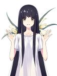  1girl bangs collarbone dress eyebrows_visible_through_hair floral_background flower grey_eyes hands_up izumi_(lowe) long_hair looking_at_viewer original parted_lips sidelocks simple_background smile solo upper_body very_long_hair white_background white_dress 