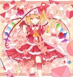  1girl :o alternate_costume apple ascot bangs bird blonde_hair bow chick choker cowboy_shot crystal detached_sleeves dress flandre_scarlet flower food fruit hat hat_bow heart knife laevatein leg_up looking_at_viewer mob_cap puffy_short_sleeves puffy_sleeves red_bow red_dress red_eyes red_ribbon red_rose ribbon ribbon_choker rose sakipsakip short_sleeves side_ponytail solo stuffed_animal stuffed_bunny stuffed_toy teddy_bear touhou wings wrist_cuffs 
