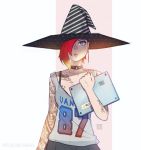  1girl blonde_hair blue_eyes bra_strap collar collarbone computer erica_june_lahaie gradient_hair hair_over_one_eye hat jersey laptop light multicolored_hair original pleated_skirt redhead signature skirt solo strap_slip tattoo upper_body witch_hat 