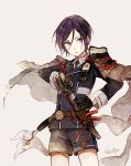  1boy armor black_gloves black_hair gloves japanese_armor kiwame_(touken_ranbu) male_focus military military_uniform necktie sheath shorts sode sword tantou touken_ranbu tsubaki_(teatime0) uniform unsheathing violet_eyes weapon yagen_toushirou 