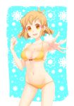  1girl :d antenna_hair bikini bow_bikini breasts brown_hair cleavage foreshortening hair_ornament large_breasts navel open_mouth orange_bikini orange_eyes outstretched_hand sabu senki_zesshou_symphogear short_hair smile solo swimsuit tachibana_hibiki_(symphogear) 