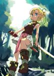  1girl bare_arms bare_shoulders blonde_hair blue_eyes boots brown_boots buckle choker closed_mouth collarbone dappled_sunlight day earrings elf expressionless forest green_choker green_ribbon hair_ribbon highres holding holding_sword holding_weapon jewelry knee_boots loincloth looking_at_viewer nature no_socks nuqura original outdoors pointy_ears ponytail ribbon rock sheath short_hair skirt standing stud_earrings sunlight sword tareme unsheathed weapon white_skirt 