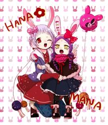  2girls alternate_costume animal_ears animal_print baloon bunny_print casual child drill_hair gekokujou_hana highres hug hug_from_behind kneeling mahou_shoujo_ikusei_keikaku mahou_shoujo_ikusei_keikaku_limited mana_(mahoiku) multiple_girls one_eye_closed purple_hair rabbit_ears red_eyes siblings sisters smile taega_chima yellow_eyes 
