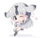  1girl ;3 bearded_seal_(kemono_friends) blush brown_eyes chibi eyebrows_visible_through_hair eyelashes from_side full_body gloves gradient_hair grey_gloves grey_hair grey_swimsuit hand_on_hip heart jpeg_artifacts kemono_friends looking_at_viewer multicolored_hair one-piece_swimsuit one_eye_closed one_leg_raised open_hand outstretched_hand seal_tail shadow sidelocks simple_background solo standing standing_on_one_leg swimsuit tail tatu_nw thigh-highs white_background white_hair 