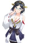  1girl arm_at_side bare_shoulders black_eyes black_hair breasts cleavage detached_sleeves glasses hand_on_own_face highres kantai_collection kirishima_(kantai_collection) large_breasts minazuki_(karashikazoku) nontraditional_miko short_hair smile solo white_background 