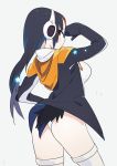  1girl ass bangs black_hair blush breasts brown_eyes emperor_penguin_(kemono_friends) from_behind headphones hood hoodie kemono_friends large_breasts leotard long_hair looking_at_viewer looking_back multicolored_hair open_clothes simple_background so_shina solo thigh-highs white_background white_legwear white_leotard 