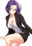  1girl alternate_costume breasts cleavage collarbone commentary_request contemporary erect_nipples jacket kantai_collection large_breasts leg_up legs_crossed long_sleeves looking_at_viewer miniskirt office_lady pencil_skirt purple_hair sakiyamama short_hair simple_background skirt smile solo tatsuta_(kantai_collection) thighs violet_eyes white_background 