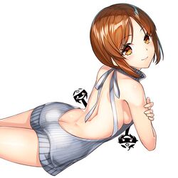  akiyama_yukari backless_outfit bare_back bare_shoulders blush breasts brown_eyes butt_crack dress girls_und_panzer kyon_(fuuran) looking_at_viewer meme_attire nishizumi_maho nishizumi_miho object_on_head panties panties_on_head ribbed_sweater short_hair sideboob silhouette_demon simple_background sweater sweater_dress turtleneck turtleneck_sweater underwear virgin_killer_sweater white_background 