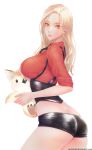  1girl bird blonde_hair breasts butt_crack cowboy_shot from_side highres large_breasts long_hair looking_at_viewer looking_to_the_side mabinogi mabinogi_heroes parted_lips red_eyes short_shorts shorts sleeves_rolled_up smile tasselcat underbust watermark 