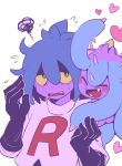  1boy 1girl ^_^ ^o^ black_gloves blue_hair blush blush_stickers cheek-to-cheek closed_eyes gloves green_eyes half-closed_eyes happy heart ica_tm kojirou_(pokemon) long_sleeves mareanie open_mouth pokemon pokemon_(anime) pokemon_(creature) pokemon_sm_(anime) purple_skin sharp_teeth simple_background sweatdrop team_rocket teeth tentacle tentacle_hair upper_body white_background yellow_sclera 