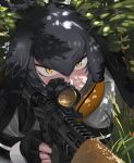  1girl absurdres assault_rifle black_gloves fingerless_gloves gloves grey_hair grey_shirt gun head_wings highres kemono_friends looking_away outdoors rifle shirt shoebill_(kemono_friends) short_hair simple_background solo ssamjang_(misosan) weapon yellow_eyes 