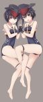  2girls absurdres ass asymmetrical_hair bangs barefoot black_hair breasts brown_eyes clothes_writing crop_top framed_breasts full_body gloves grey_background hair_between_eyes hand_holding hat head_to_head headphones highres i-13_(kantai_collection) i-14_(kantai_collection) interlocked_fingers kantai_collection looking_at_viewer medium_breasts multiple_girls number one-piece_swimsuit one_leg_raised open_mouth partly_fingerless_gloves round_teeth sailor_collar school_swimsuit short_hair siblings sidelocks simple_background sisters swimsuit teeth twins yuki_(yukin0128) 