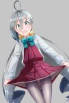  1girl :d ahoge aqua_bow blouse blush bow comah dutch_angle eyebrows_visible_through_hair grey_background grey_eyes grey_legwear hair_between_eyes hair_bow kantai_collection kiyoshimo_(kantai_collection) long_hair long_sleeves looking_at_viewer open_mouth pantyhose pleated_skirt purple_skirt silver_hair simple_background skirt smile solo teeth thigh_gap thighband_pantyhose thighs twintails uniform very_long_hair white_blouse yellow_bow 