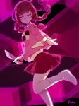  1girl braid brown_hair closed_eyes highres knife long_hair madotsuki outstretched_hand paper pink_shirt purple_background purple_skirt shirt skirt solo thigh-highs twin_braids twintails white_legwear yume_nikki yunare 