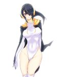  1girl black_hair breasts brown_eyes covered_navel cowboy_shot emperor_penguin_(kemono_friends) erodan hair_over_one_eye headphones highres hood hoodie kemono_friends large_breasts leotard long_hair looking_at_viewer multicolored_hair open_clothes simple_background smile solo thigh-highs white_legwear white_leotard 