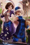  2girls 47ness arch bare_shoulders bioshock bioshock_infinite blue_eyes book breasts bridge brown_hair bucket choker cleavage coin corset deviantart_sample dress elizabeth_(bioshock_infinite) elizabeth_(persona) gloves hat highres image_sample lamppost medium_breasts multiple_girls namesake pantyhose persona persona_3 railing sawashiro_miyuki seiyuu_connection short_hair sleeveless sparkle splashing stairs thigh-highs trait_connection watermark web_address white_hair yellow_eyes 