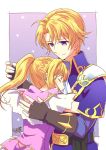  1boy 1girl blonde_hair brother_and_sister clarine closed_eyes fingerless_gloves fire_emblem fire_emblem:_fuuin_no_tsurugi fuzuki_yuu gloves hug klein_(fire_emblem) ponytail short_hair siblings skirt smile 