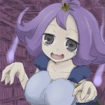  1girl :3 :d @_@ acerola_(pokemon) alternate_breast_size armlet bangs bare_arms book bookshelf breasts cleavage collarbone dress elite_four eyelashes flipped_hair grey_eyes hair_ornament large_breasts open_mouth oro_(zetsubou_girl) pokemon pokemon_(game) pokemon_sm purple purple_hair short_hair short_sleeves smile solo spirit tongue topknot torn_clothes torn_dress torn_sleeves trial_captain upper_body 