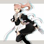  1girl apron blue_eyes blush dagger felicia_(fire_emblem_if) fire_emblem fire_emblem_if highres long_hair maid maid_apron maid_headdress open_mouth pink_hair ponytail solo thigh-highs tyotto_ko_i weapon 