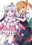  2girls :d blonde_hair blue_eyes capelet commentary_request dragon_girl dragon_horns dragon_tail fang frilled_skirt frills hands_on_another&#039;s_shoulders heart horns kanna_kamui kobayashi-san_chi_no_maidragon long_hair looking_at_viewer maid maid_headdress mary_janes mizunashi_hayate multiple_girls necktie open_mouth orange_eyes shoes skirt slit_pupils smile sparkle tail thigh-highs tooru_(maidragon) twintails very_long_hair white_hair white_legwear zettai_ryouiki 