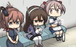  3girls ashigara_(kantai_collection) badge belt bench black_dress breast_pocket brown_hair commentary dated dress empty_eyes fever gloves hair_bobbles hair_ornament hairband hamu_koutarou headgear highres kantai_collection long_hair multiple_girls pink_hair pocket rabbit red_neckerchief remodel_(kantai_collection) saratoga_(kantai_collection) sazanami_(kantai_collection) school_uniform serafuku short_sleeves side_ponytail sweatdrop translated trembling twintails white_gloves 
