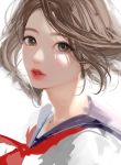 1girl airspace bangs blue_sailor_collar brown_eyes brown_hair eyebrows face forehead highres light lips looking_at_viewer nose original red_lips red_neckerchief sailor_collar school_uniform simple_background solo sparkling_eyes swept_bangs unfinished upper_body white_background 