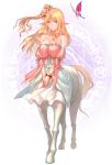  1girl bare_shoulders blonde_hair blue_eyes blush bracelet breasts butterfly centaur cleavage gamerag jewelry large_breasts long_hair looking_at_viewer monster_girl necklace original pointy_ears side_ponytail smile solo tail 