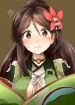  1girl 3: amagi_(kantai_collection) breasts brown_background brown_eyes brown_hair cleavage flying_sweatdrops hair_ornament highres kamelie kantai_collection long_hair looking_at_viewer mole mole_under_eye ponytail simple_background solo sweat 