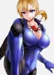  &gt;:( 1girl absurdres blonde_hair blue_eyes bodysuit breasts cleavage collarbone cowboy_shot fighting_stance hair_between_eyes highres jill_valentine large_breasts leg_up looking_at_viewer low_ponytail mind_control nagare parted_lips resident_evil resident_evil_5 short_hair solo 