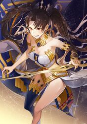  bare_shoulders blush breasts brown_hair cleavage fate/grand_order fate_(series) grin ishtar_(fate/grand_order) long_hair medium_breasts navel nl_(21308212) red_eyes single_thighhigh smile sword thigh-highs thighs tohsaka_rin twintails weapon 