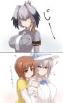  3girls blue_eyes breast_pocket brown_eyes brown_hair commentary_request crossover girls_und_panzer hat head_wings highres hug hug_from_behind itsumi_erika kemono_friends long_hair looking_at_viewer multicolored_hair multiple_girls necktie nishizumi_miho pocket shanaharuhi shoebill_(kemono_friends) short_hair silver_hair smile staring translated yellow_eyes 