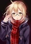  1girl adjusting_glasses black-framed_eyewear blonde_hair breath fate/grand_order fate_(series) glasses heroine_x heroine_x_(alter) looking_at_viewer parted_lips plaid plaid_scarf red_scarf saber sakura_hiyori scarf semi-rimless_glasses solo under-rim_glasses yellow_eyes 