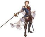  1boy alpha_transparency armor armored_boots belt boots brown_hair cape cravat full_body gloves granblue_fantasy looking_at_viewer male_focus minaba_hideo official_art paris_(granblue_fantasy) parted_lips short_hair sideburns solo standing sword transparent_background unsheathed weapon white_gloves 