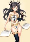  1girl black_hair black_ribbon blush breasts choker crown earrings fate/grand_order fate_(series) groin hair_ribbon highres hoop_earrings ishtar_(fate/grand_order) jewelry medium_breasts navel navel_cutout ribbon shinno single_thighhigh smile solo tan_background thigh-highs tohsaka_rin twintails 