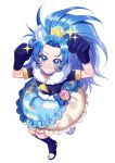  1girl animal_ears blue_choker blue_eyes blue_gloves blue_hair cat_ears cat_tail choker crown cure_gelato earrings extra_ears food fur_trim gloves highres ice_cream jacket jewelry kirakira_precure_a_la_mode leather leather_jacket lion_ears lion_tail long_hair looking_at_viewer magical_girl open_mouth precure sagold shiny shiny_hair short_sleeves simple_background smile solo tail tategami_aoi white_background 