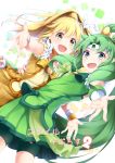  2girls :d bike_shorts blonde_hair bow brooch cowboy_shot cure_march cure_peace green_bow green_eyes green_hair green_shirt green_shorts green_skirt happy highres jewelry kise_yayoi long_hair looking_at_viewer magical_girl midorikawa_nao multiple_girls open_mouth outstretched_hand ponytail precure shirt shorts shorts_under_skirt skirt sleeveless sleeveless_shirt smile smile_precure! very_long_hair wrist_cuffs yellow_bow yellow_choker yellow_eyes yellow_shirt yellow_skirt ytyrytyr 