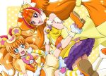  2girls :d amanogawa_kirara animal_ears bear_ears bloomers blue_eyes blush boo_(takagi) boots bow brooch brown_hair color_connection cure_mofurun cure_twinkle earrings gloves go!_princess_precure hair_bow hand_on_own_cheek hat hat_bow highres jewelry kneehighs long_hair looking_at_viewer low-tied_long_hair magical_girl mahou_girls_precure! mini_hat mini_witch_hat mofurun_(mahou_girls_precure!) multicolored multicolored_eyes multicolored_hair multiple_girls open_mouth orange_shirt personification pink_bow polka_dot polka_dot_background precure quad_tails red_bow redhead shirt single_kneehigh skirt sleeveless sleeveless_shirt smile star star_earrings streaked_hair striped striped_legwear thigh-highs thigh_boots twintails two-tone_hair underwear violet_eyes white_boots white_gloves witch_hat yellow_background yellow_bow yellow_eyes yellow_hat 