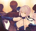 1girl bare_shoulders blue_hair braid brown_hair collarbone dress elbow_gloves fate/grand_order fate_(series) gloves grey_hair hair_bun hair_ribbon outstretched_arm ribbon saber saber_alter tokopi tuxedo 