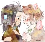  2girls ? ahoge animal_ears beaver_ears black-tailed_prairie_dog_(kemono_friends) blush bow bowtie brown_hair dated eye_contact faux_traditional_media hair_ornament hairclip hand_holding head_to_head ichigo6480 kemono_friends light_brown_hair looking_at_another multiple_girls north_american_beaver_(kemono_friends) prairie_dog_ears profile short_hair signature simple_background sketch texture upper_body white_background yuri 