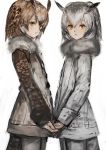  2girls brown_hair buttons coat collar commentary cowboy_shot eurasian_eagle_owl_(kemono_friends) expressionless eyebrows_visible_through_hair eyelashes from_side fur_collar gradient_hair grey_hair hair_between_eyes hand_holding head_wings kemono_friends lips long_sleeves looking_at_viewer multicolored_hair multiple_girls northern_white-faced_owl_(kemono_friends) nostrils orange_eyes pantyhose parted_lips ryuukeichi_andromeda sanpaku simple_background sketch tail two-tone_hair white_background white_hair wings 