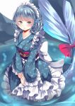  1girl blue_eyes blue_hair drill_hair frilled_kimono frills green_kimono hairband highres japanese_clothes kanzakietc kimono lolita_fashion lolita_hairband mermaid monster_girl obi petticoat ribbon sash tail tail_ribbon touhou wa_lolita wakasagihime 