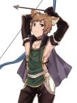  1boy animal_ears arms_up arrow backless_outfit bow_(weapon) brown_eyes brown_hair cape contrapposto erun_(granblue_fantasy) gran_(granblue_fantasy) granblue_fantasy looking_at_viewer male_focus simple_background solo weapon white_background 
