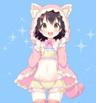  1girl :d akagi_miria animal_ears animal_hood bangs black_hair blue_background blush bow cat_ears cat_hood cowboy_shot fur_trim groin hood hoodie idolmaster idolmaster_cinderella_girls looking_at_viewer midriff navel open_mouth pink_bow short_hair smile solo sparkle teeth thigh-highs underwear yazawa_oke yellow_eyes 