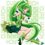  1girl :d bike_shorts boo_(takagi) bow brooch character_name circlet cure_march full_body green green_bow green_eyes green_hair green_shirt green_shorts green_skirt hair_tousle highres jewelry long_hair magical_girl midorikawa_nao open_mouth ponytail precure shirt shoes shorts shorts_under_skirt skirt sleeveless sleeveless_shirt smile smile_precure! solo tri_tails very_long_hair wrist_cuffs 