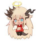  chibi dark_skin fate/apocrypha fate/grand_order fate_(series) halo horns long_hair looking_at_viewer male_focus rosette_(yankaixuan) saber_of_black shirt solo white_background wings 