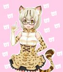  animal_ears animal_print bare_shoulders black-framed_eyewear bow cat_ears cat_tail commentary_request elbow_gloves fang glasses gloves green_eyes japari_symbol kemono_friends margay_(kemono_friends) margay_ears margay_tail pointing pointing_up tail yasuhito 